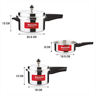 Butterfly Cordial 2 L, 3 L & 5 L Non Induction Bottom Outer Lid Pressure Cooker (Aluminium, Silver), Small (Indian Plug)