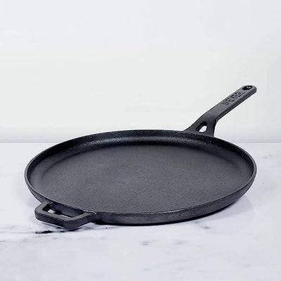 Meyer Pre-Seasoned Cast Iron Flat Dosa, Roti, Chapati Tawa Pan with Stick Handle, Dosa Kallu, Iron Tawa Big Size | Pre-Seasoned Iron Cookware | Gas and Induction Compatible | 28cm, Black