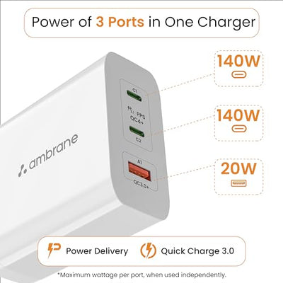 Ambrane 150w GaN Multi-Port Fast Charger Type C USB Compatible with All iPhone, Android & Laptops (MacBook & Windows) Travel Adapter with US Pins for The USA, Canada, Mexico & Japan (RAAP G150)