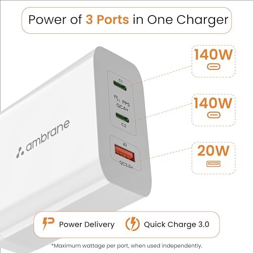 Ambrane 150w GaN Multi-Port Fast Charger Type C USB Compatible with All iPhone, Android & Laptops (MacBook & Windows) Travel Adapter with US Pins for The USA, Canada, Mexico & Japan (RAAP G150)