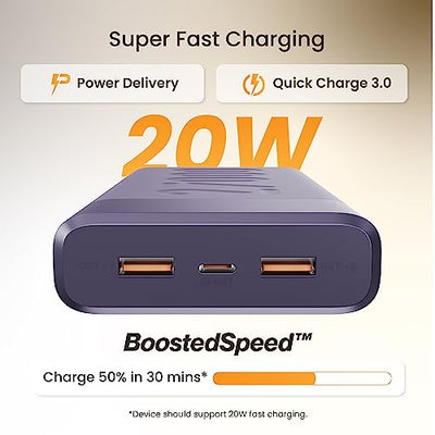 Ambrane 27000mAh Power Bank, 20W Fast Charging, Triple Output, Type C PD (Input & Output), Quick Charge, Li-Polymer, Multi-Layer Protection for iPhone, Smartphones & Other Devices (Stylo Pro, Purple)