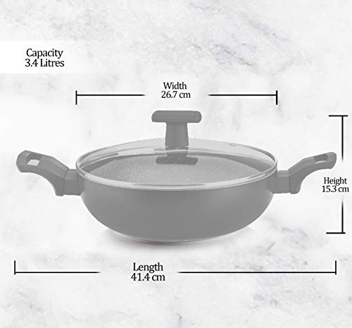 Milton Pro Cook Granito Induction Kadhai with Lid, 26 cm / 3.4 Litre, Black (Aluminium)