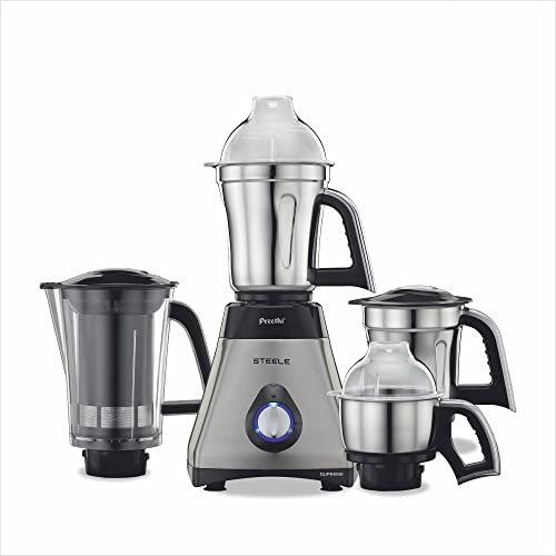 Preethi Steel Supreme MG-208 mixer grinder, 750 watt (Silver/ Black), 4 jars - Super Extractor juicer Jar, Vega W5 motor with 5yr Warranty & Lifelong Free Service