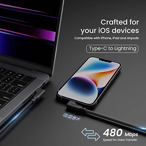 Ambrane Type-C To Lightning Cable, 22.5W Fast Charging, L Shape for Easy Holding, 480Mbps Data Sync, PD Technology, Braided Cable for iPhone, iPad, Macbook, iMac and Airpods - 1.2m (ABLTLS-12 Black)
