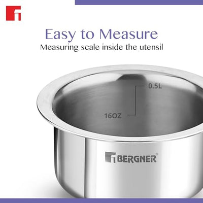 Bergner BE Bergner Essentials Tri-Ply Stainless Steel Junior 10 cm (500 ml) Tope/Patila/Topia, Even Heat Distribution, Consumes Less Oil, Easy to Clean, Induction Bottom and Gas Ready, 5-Year Warranty