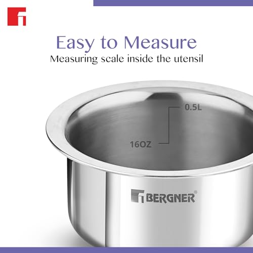 Bergner BE Bergner Essentials Tri-Ply Stainless Steel Junior 10 cm (500 ml) Tope/Patila/Topia, Even Heat Distribution, Consumes Less Oil, Easy to Clean, Induction Bottom and Gas Ready, 5-Year Warranty