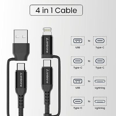 Ambrane 4-in-1 Type-C & Lightning Cable with 60W Fast Charging, 480Mbps Data Sync, PD Technology, Compatible with All Type-C and Apple Devices, 1.2m (ACQCS-12 Black)