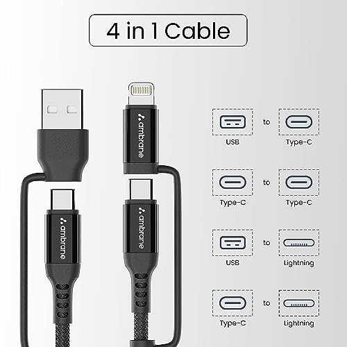 Ambrane 4-in-1 Type-C & Lightning Cable with 60W Fast Charging, 480Mbps Data Sync, PD Technology, Compatible with All Type-C and Apple Devices, 1.2m (ACQCS-12 Black)