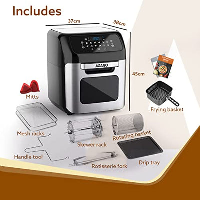 AGARO Regency Air Fryer,12 Liters,Family Rotisserie Oven,1800W Electric Air Fryer Toaster Oven,Tilt Led Digital Touchscreen,9 Presets Menu For Baking, Roasting,Toasting Etc,With Accessories, Silver