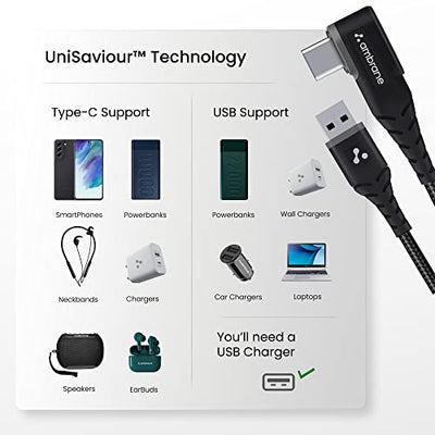 Ambrane Type C Mobile Charging Cable 3A Fast Charging, 1.5 Meter, L Shaped Braided Cable, 480Mbps Data Transfer for Smartphones, Tablets, Laptops & Other Type C Devices (ABLC10, Black and Grey)