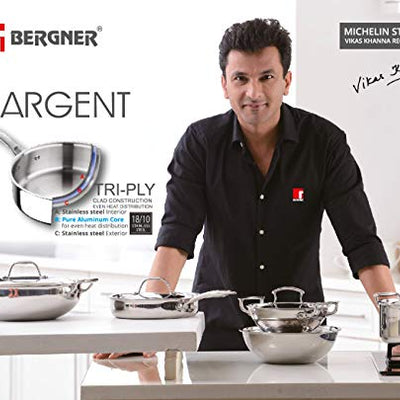 BERGNER Argent Tri-Ply Stainless Steel Casserole With Stainless Steel Lid (22 Cm, 4.1 Litres, Induction Base, Silver),Non-Stick, 4.1 Liter
