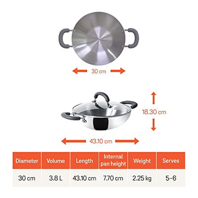 Meyer Trivantage Nickle Free Stainless Steel Triply Cookware Kadai 30cm Large