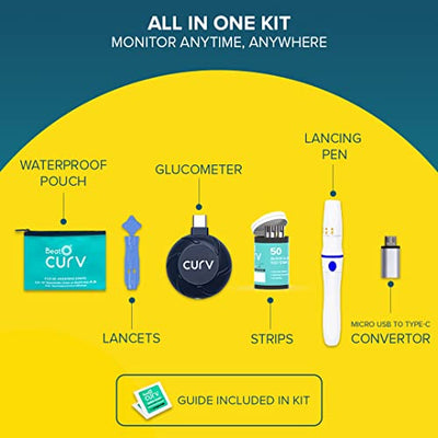BeatO CURV Smartphone Connected Glucometer Machine | FREE 50 Strips & 50 Lancets (Type-C USB Connector) | Simple & accurate testing of Blood sugar levels at home |Sugar Test Machine | ISO Certified: Made in India