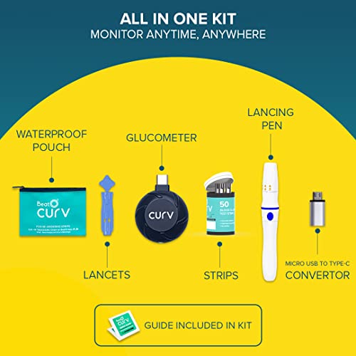 BeatO CURV Smartphone Connected Glucometer Machine | FREE 50 Strips & 50 Lancets (Type-C USB Connector) | Simple & accurate testing of Blood sugar levels at home |Sugar Test Machine | ISO Certified: Made in India