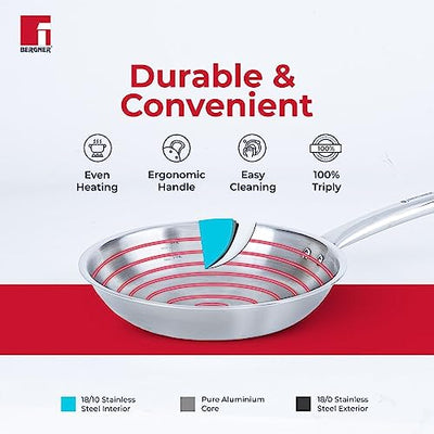 Bergner Tripro Triply Stainless Steel Frypan/ Skillet, 22 cm, 1.1 Litres, Ergonomic Stay Cool Handle, Flared Rim, Efficient and Fast Heating, Induction, Gas and Metal Spatula Friendly