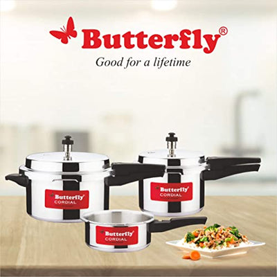 Butterfly Cordial 2 L, 3 L & 5 L Non Induction Bottom Outer Lid Pressure Cooker (Aluminium, Silver), Small (Indian Plug)