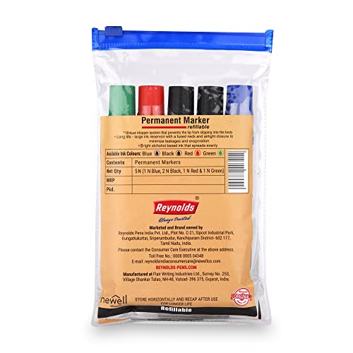 Reynolds  permanent marker -  2 Black, 1 Blue, 1 Red & 1 Green, Pack of 5