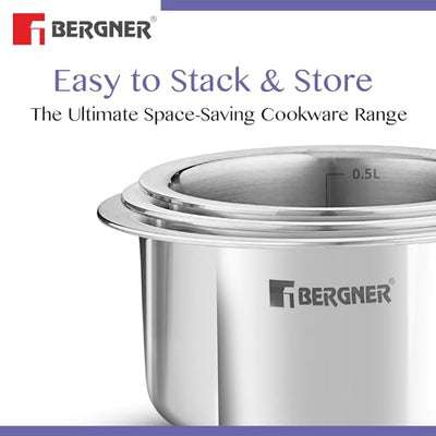 Bergner BE Bergner Essentials Tri-Ply Stainless Steel Junior 10 cm (500 ml) Tope/Patila/Topia, Even Heat Distribution, Consumes Less Oil, Easy to Clean, Induction Bottom and Gas Ready, 5-Year Warranty