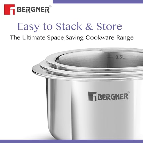 Bergner BE Bergner Essentials Tri-Ply Stainless Steel Junior 10 cm (500 ml) Tope/Patila/Topia, Even Heat Distribution, Consumes Less Oil, Easy to Clean, Induction Bottom and Gas Ready, 5-Year Warranty