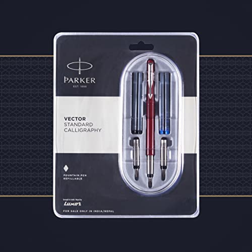 Parker Vector Standard Calligraphy Chrome Trim Fountain Pen Red Body Color - Blue Ink, Pack Of 1