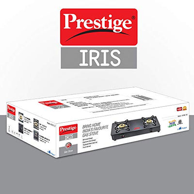 Prestige IRIS Toughened Glass-Top 2 Brass Burner LPG Gas Stove | Black | Spill Proof | Ergonomic Knobs | Tri-Pin Brass Burners