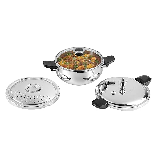 Vinod Stainless Steel Sandwich Bottom Magic Outer Lid Pressure Cooker, 3.5 Liter, Silver