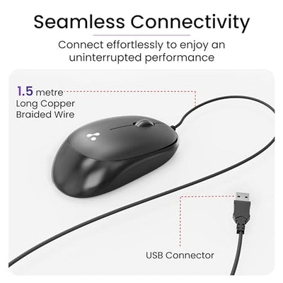 Ambrane Wired USB Mouse, Plug & Play, High Resolution 1600 DPI Optical Sensor, 3-Button Design, Clickable Scroll Wheel, Ambidextrous, Ergonomic Mouse for Comfortable All-Day Grip (Sliq 2 Wired)