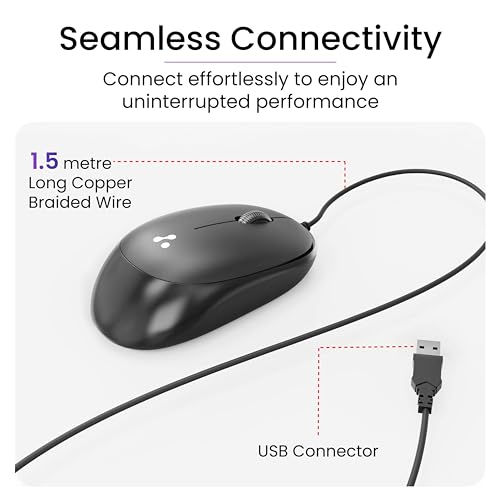 Ambrane Wired USB Mouse, Plug & Play, High Resolution 1600 DPI Optical Sensor, 3-Button Design, Clickable Scroll Wheel, Ambidextrous, Ergonomic Mouse for Comfortable All-Day Grip (Sliq 2 Wired)