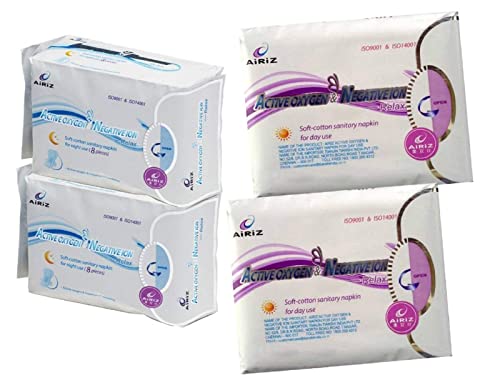 Airiz Active Oxygen and Negative Ion Soft-Cotton Sanitary Pads for Day and Night Use (36 Pieces) - Pack of 4