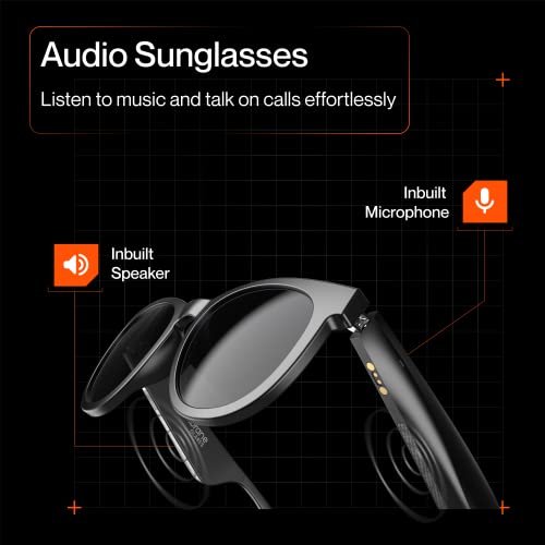 Ambrane Glares R Smart Glasses: Blue Light Filtering & UV Protection Dual Sunglass Lenses, Inbuilt Mic & Speakers, Touch Sensors, Voice Assistant Compatible, Up to 7Hrs Battery, IPX4 Sweatproof(Round)