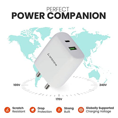 Ambrane 30W USB & Type C Fast Charger with QC & PD Technology, Made in India, Multiple Layer Protection, iPhone & Android Compatibility (RAAP H30, White)