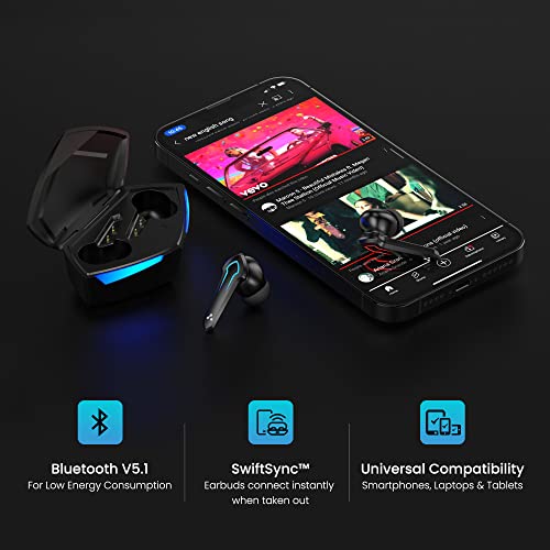 Ambrane Dots Play True Wireless Gaming in Ear Earbuds | 46ms Ultra-Low Latency | Lag-Free Audio | 19 Hours Long Playtime | Bluetooth V5.1 | 13mm Dynamic Drivers for Boosted Bass | IPX4 (Black)