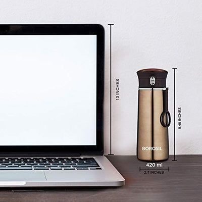 Borosil - Stainless Steel Hydra Travelease - Vacuum Insulated Flask Water Bottle, 420 ML, Brown
