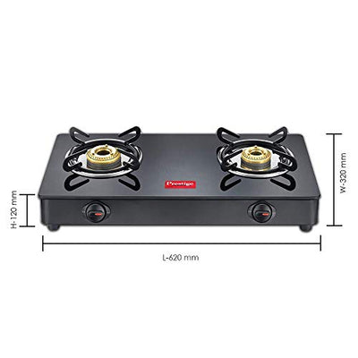 Prestige IRIS Toughened Glass-Top 2 Brass Burner LPG Gas Stove | Black | Spill Proof | Ergonomic Knobs | Tri-Pin Brass Burners