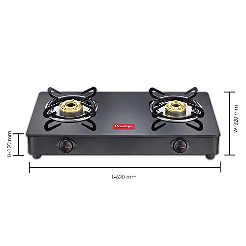 Prestige IRIS Toughened Glass-Top 2 Brass Burner LPG Gas Stove | Black | Spill Proof | Ergonomic Knobs | Tri-Pin Brass Burners