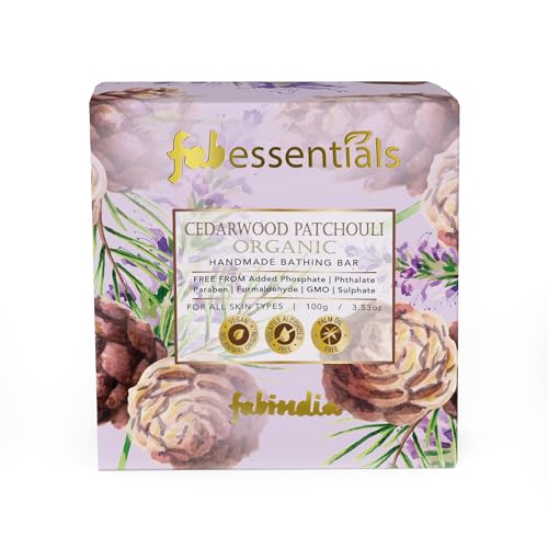8x Fabessentials Cedarwood Patchouli Handmade Bathing Bar | 100% Organic | with Coconut Oil | Cleanses, Nourishes & Brightens Skin | Vegan & Palm-Oil Free - 100 gm Pack of 8