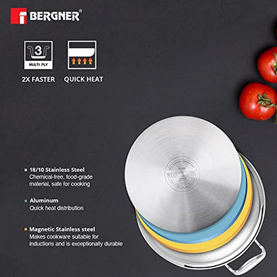 BERGNER Argent Tri-Ply Stainless Steel Casserole With Stainless Steel Lid (22 Cm, 4.1 Litres, Induction Base, Silver),Non-Stick, 4.1 Liter