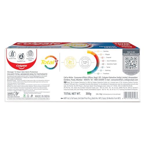 Colgate Total 300gm (2 x 150gm) Advanced Health Antibacterial Toothpaste, Tooth Paste with 12-Hour Anti-Germ Protection, Whole Mouth Health, World's No. 1* Germ-fighting Toothpaste (Combo Pack Offer)