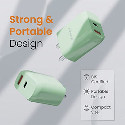 Ambrane 20W Dual Output Fast Charger/Adapter with QC & PD Technology for iPhone, Android & Other Devices, Made in India, Multi-Layers Protection, Compact Size (RAAP H11, Green)