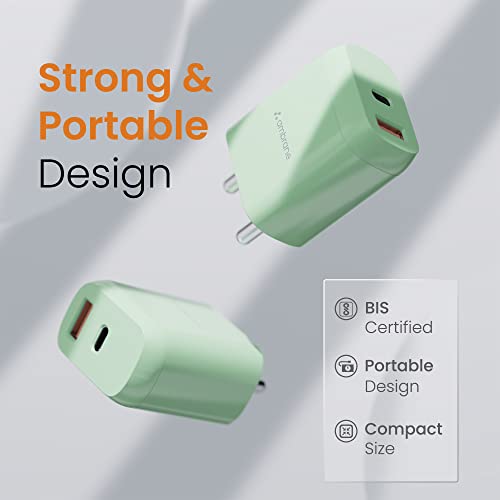 Ambrane 20W Dual Output Fast Charger/Adapter with QC & PD Technology for iPhone, Android & Other Devices, Made in India, Multi-Layers Protection, Compact Size (RAAP H11, Green)