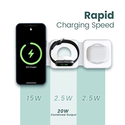 Ambrane 3-in-1 Wireless Charger with 20W BoostedSpeed for iPhone 14/13/12/11/X/8 Series, Galaxy S22/S21/S20/Note20/10/10+ Series, Foldable Design, Wide Compatibility (AeroSync Tripad, White)