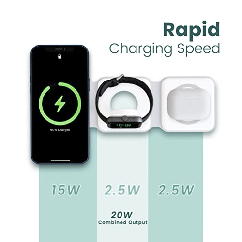 Ambrane 3-in-1 Wireless Charger with 20W BoostedSpeed for iPhone 14/13/12/11/X/8 Series, Galaxy S22/S21/S20/Note20/10/10+ Series, Foldable Design, Wide Compatibility (AeroSync Tripad, White)