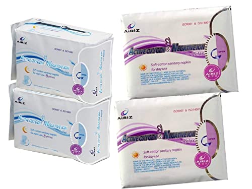 Airiz Active Oxygen and Negative Ion Soft-Cotton Sanitary Pads for Day and Night Use (36 Pieces) - Pack of 4