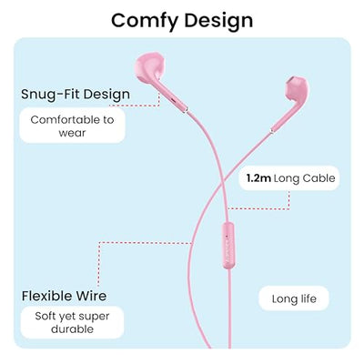 Ambrane Wired in Ear Earphones with in-line Mic for Clear Calling, 14mm Dynamic Drivers for BoostedBass™, 3.5mm Jack, Multi-Functional Controller (Stringz 38 Lite, Pink)