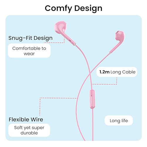 Ambrane Wired in Ear Earphones with in-line Mic for Clear Calling, 14mm Dynamic Drivers for BoostedBass™, 3.5mm Jack, Multi-Functional Controller (Stringz 38 Lite, Pink)