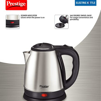 Prestige 1.5 Litres Electric Kettle (PKOSS 1.5)|1500W | Silver - Black| Automatic Cut-off | Stainless Steel | Rotatable Base | Power Indicator | Single-Touch Lid Locking