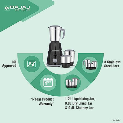 Bajaj GX-1 Mixer Grinder 500W|Superior Mixie For Kitchen|2-in-1 for Dry Grinding| Blade Function With Titan Motor|3 Stainless Steel Mixer Jars|1 Year Product Warranty By Bajaj|Black