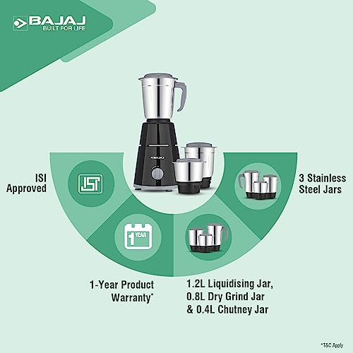 Bajaj GX-1 Mixer Grinder 500W|Superior Mixie For Kitchen|2-in-1 for Dry Grinding| Blade Function With Titan Motor|3 Stainless Steel Mixer Jars|1 Year Product Warranty By Bajaj|Black