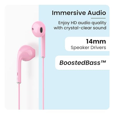 Ambrane Wired in Ear Earphones with in-line Mic for Clear Calling, 14mm Dynamic Drivers for BoostedBass™, 3.5mm Jack, Multi-Functional Controller (Stringz 38 Lite, Pink)