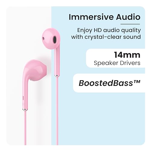 Ambrane Wired in Ear Earphones with in-line Mic for Clear Calling, 14mm Dynamic Drivers for BoostedBass™, 3.5mm Jack, Multi-Functional Controller (Stringz 38 Lite, Pink)